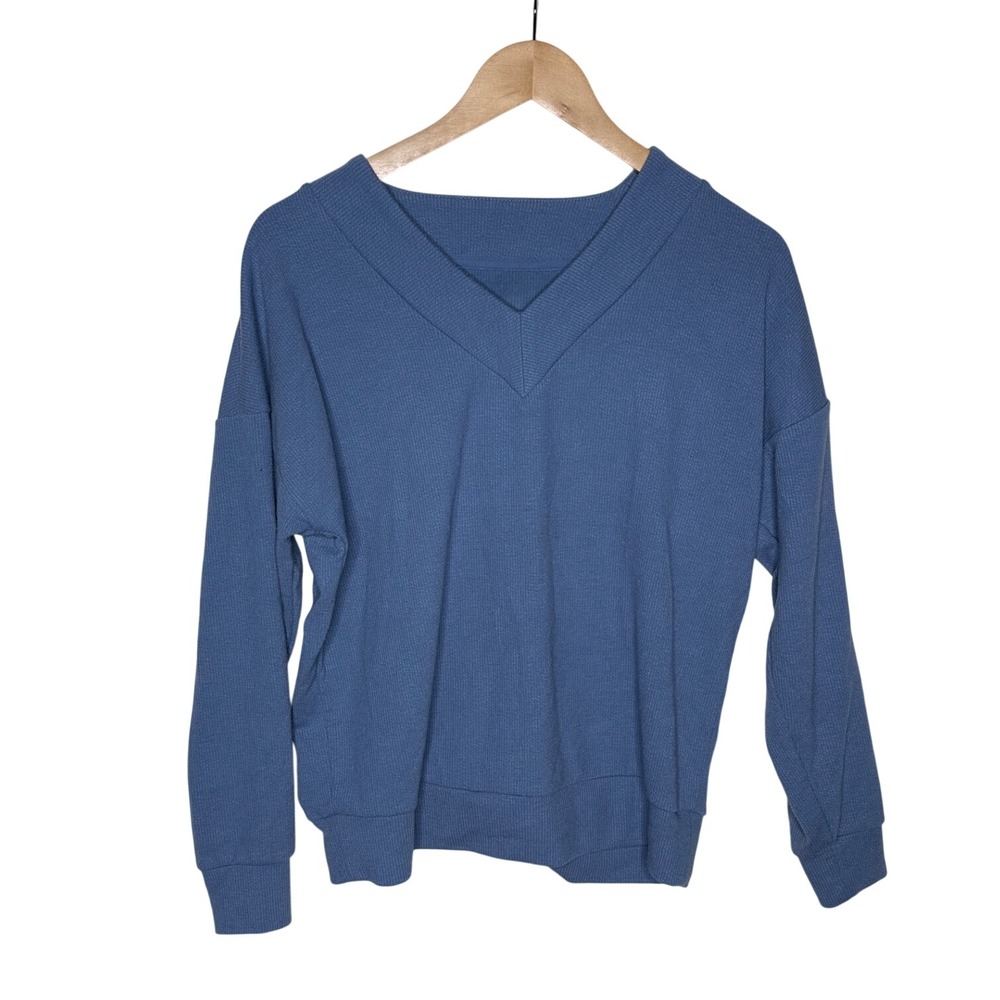 Felina Ribbed Long Sleeve V-neck Sweater size Small Light Blue